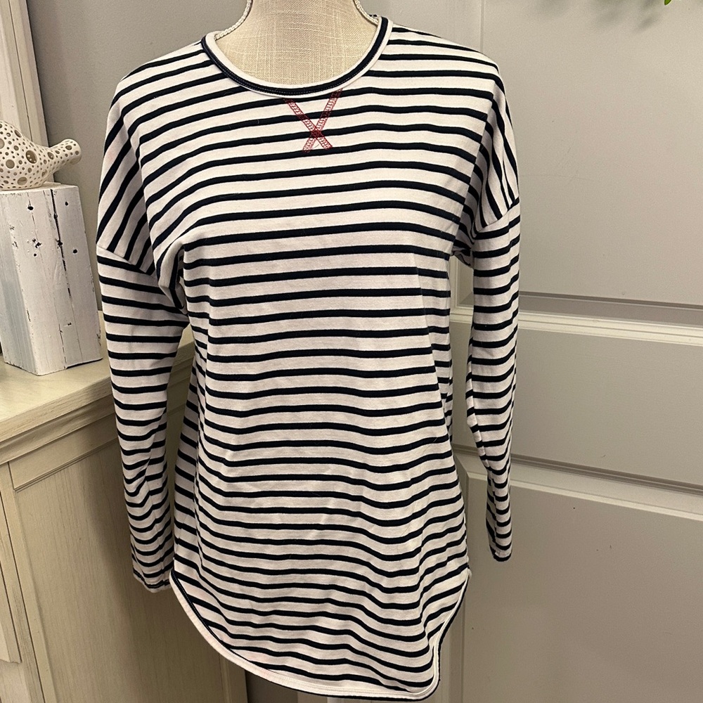 Size Large Nautical Striped Long Sleeve Top -Navy and White Red Trim Preppy